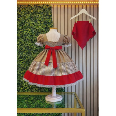 Vestido Infantil Junino Luxo Arraiá Maria Bonita c/ Lenço Festa Junina
