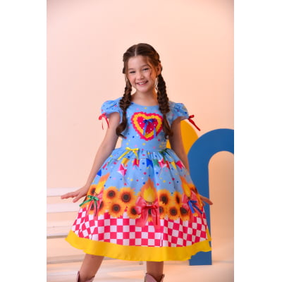 Vestido Infantil Junino Luxo Azul Girassol Colorido