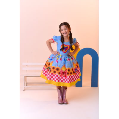 Vestido Infantil Junino Luxo Azul Girassol Colorido