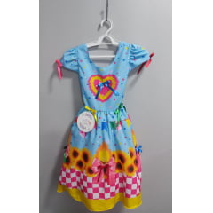 Vestido Infantil Junino Luxo Azul Girassol Colorido