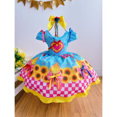 Vestido Infantil Junino Luxo Azul Girassol Colorido