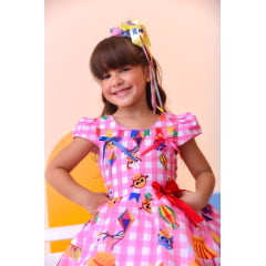 Vestido Infantil Junino Luxo Rosa Xadrez Bolofofos
