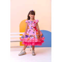 Vestido Infantil Junino Luxo Rosa Xadrez Bolofofos
