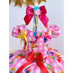 Vestido Infantil Junino Luxo Rosa Xadrez Bolofofos