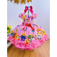 Vestido Infantil Junino Luxo Rosa Xadrez Bolofofos