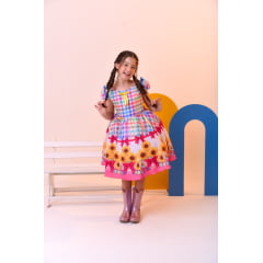 Vestido Infantil Junino Luxo Xadrez Colorido Girassol