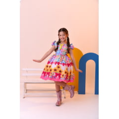 Vestido Infantil Junino Luxo Xadrez Colorido Girassol