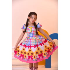 Vestido Infantil Junino Luxo Xadrez Colorido Girassol