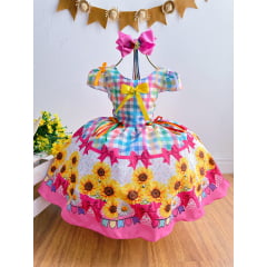 Vestido Infantil Junino Luxo Xadrez Colorido Girassol