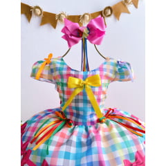 Vestido Infantil Junino Luxo Xadrez Colorido Girassol