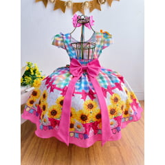 Vestido Infantil Junino Luxo Xadrez Colorido Girassol