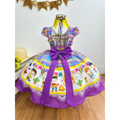 Vestido Infantil Junino Luxo Xadrez Lilás Fogueira Festa São João