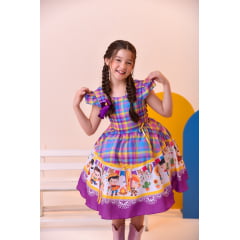 Vestido Infantil Junino Luxo Xadrez Lilás Fogueira Festa São João