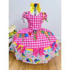 Vestido Infantil Junino Luxo Xadrez Rosa Festa São João