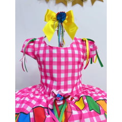 Vestido Infantil Junino Luxo Xadrez Rosa Festa São João