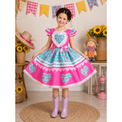 Vestido Infantil Junino Pink Colorido Luxo Festas
