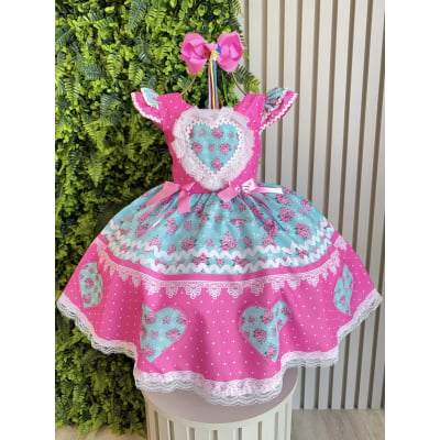 Vestido Infantil Junino Pink Colorido Luxo Festas