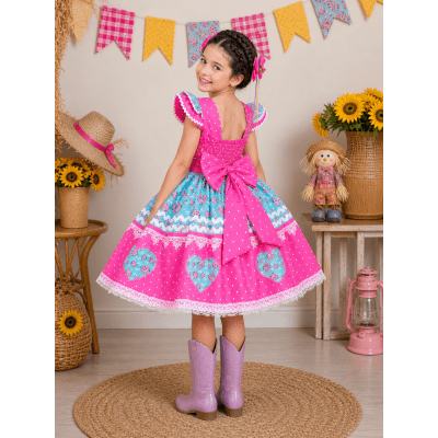 Vestido Infantil Junino Pink Colorido Luxo Festas