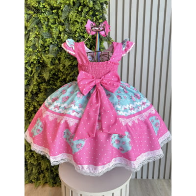 Vestido Infantil Junino Pink Colorido Luxo Festas