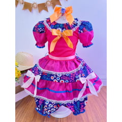 Vestido Infantil Junino Pink e Lilás Colorido Florido
