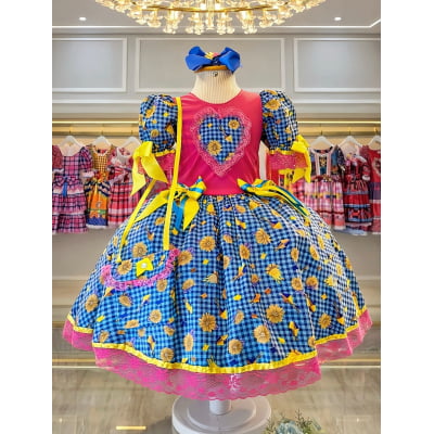 Vestido Infantil Junino Pink Xadrex Colorido Girassol C/ Bolsinha