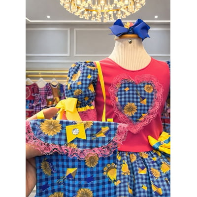 Vestido Infantil Junino Pink Xadrex Colorido Girassol C/ Bolsinha