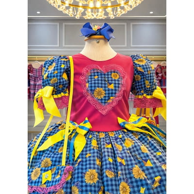 Vestido Infantil Junino Pink Xadrex Colorido Girassol C/ Bolsinha