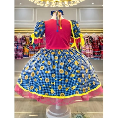 Vestido Infantil Junino Pink Xadrex Colorido Girassol C/ Bolsinha
