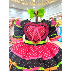 Vestido Infantil Junino Preto Colorido C/ Babados Luxo