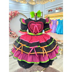 Vestido Infantil Junino Preto Colorido C/ Babados Luxo