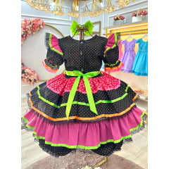 Vestido Infantil Junino Preto Colorido C/ Babados Luxo