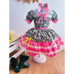 Vestido Infantil Junino Preto Com Estampa Florzinhas Festas