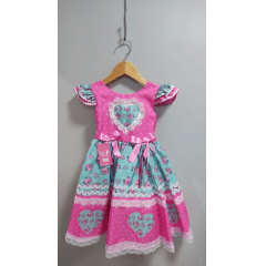 Vestido Infantil Junino Rosa Chiclete Colorido Luxo Festas