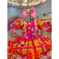 Vestido Infantil Junino Rosa Chiclete Xadrez Colorido Luxo