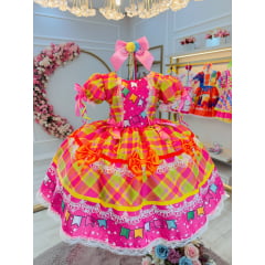 Vestido Infantil Junino Rosa Chiclete Xadrez Colorido Luxo