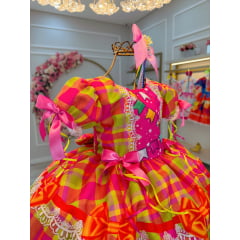 Vestido Infantil Junino Rosa Chiclete Xadrez Colorido Luxo
