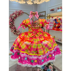 Vestido Infantil Junino Rosa Chiclete Xadrez Colorido Luxo