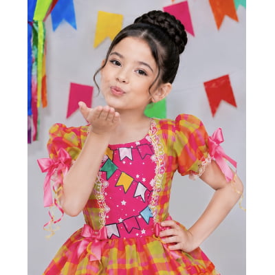 Vestido Infantil Junino Rosa Chiclete Xadrez Colorido Luxo