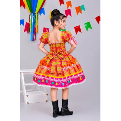 Vestido Infantil Junino Rosa Chiclete Xadrez Colorido Luxo