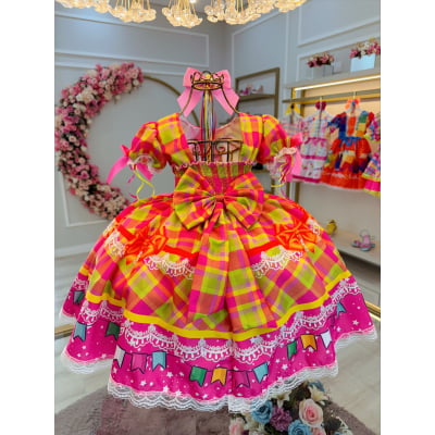 Vestido Infantil Junino Rosa Chiclete Xadrez Colorido Luxo