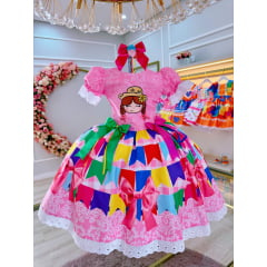 Vestido Infantil Junino Rosa Maria Bonita Super Luxo