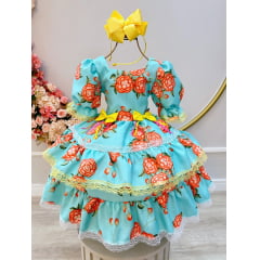 Vestido Infantil Junino Verde Florido C/ Aplique de Laços