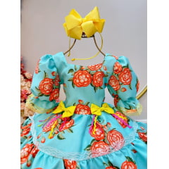 Vestido Infantil Junino Verde Florido C/ Aplique de Laços