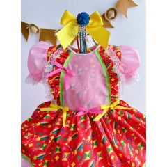 Vestido Infantil Junino Vermelho e Rosa Flores Coloridas
