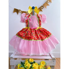 Vestido Infantil Junino Vermelho e Rosa Flores Coloridas