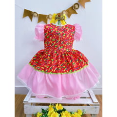 Vestido Infantil Junino Vermelho e Rosa Flores Coloridas