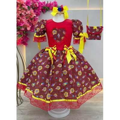 Vestido Infantil Junino Vermelho Xadrez Colorido Girassol C/ Bolsinha Vestido Infantil Junino Vermelho Xadrez Colorido Girassol C/ Bolsinha