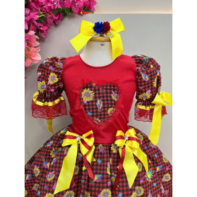 Vestido Infantil Junino Vermelho Xadrez Colorido Girassol C/ Bolsinha