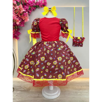 Vestido Infantil Junino Vermelho Xadrez Colorido Girassol C/ Bolsinha