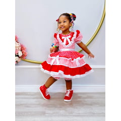 Vestido Infantil Junino Vermelho Xadrez C/ Babados Luxo